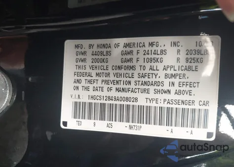 2009 Honda Accord 2.4 Ex-L z USA, uszkodzony, nr VIN 1HGCS12849A008028